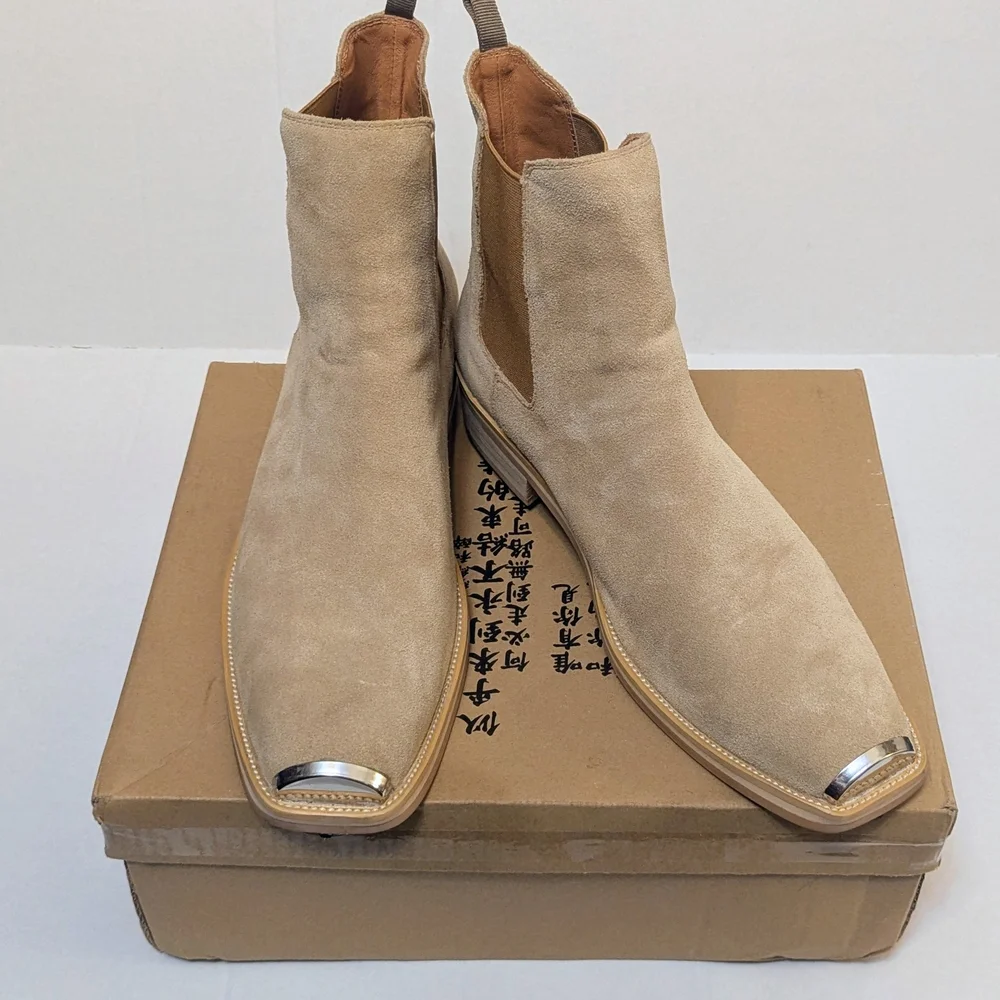 Mens Real Genuine Suede/Leather Ankle High-top Chelsea Metal Square Toe Boots - Picture 1 of 12